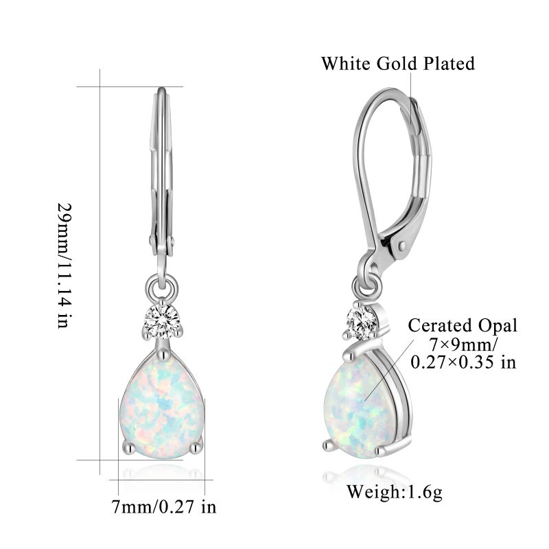 CiNily Womens Opal Dangle Earrings Leverback Drop Earrings 14K White Gold Plated Teardrop Gemstone Earrings - Image 3